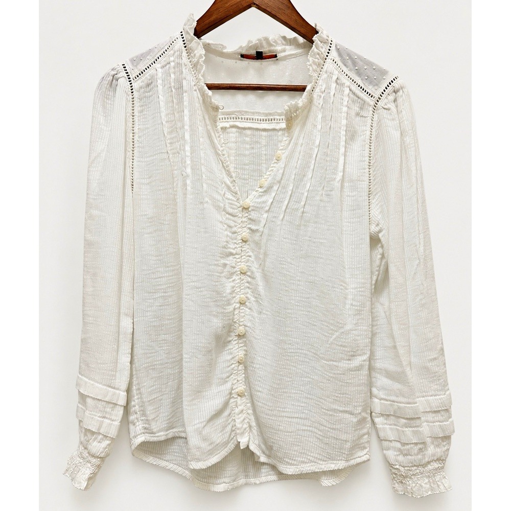 Quince Organic Textured Cotton Peasant Blouse White M Boho Cottagecore Prairie